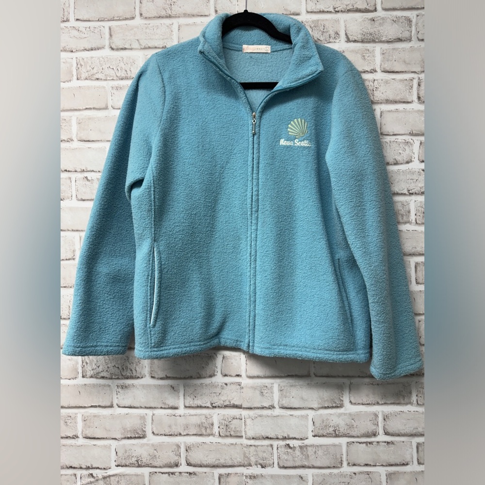 Nova Scotia by Fundy resort sweater, powder blue with zip front.